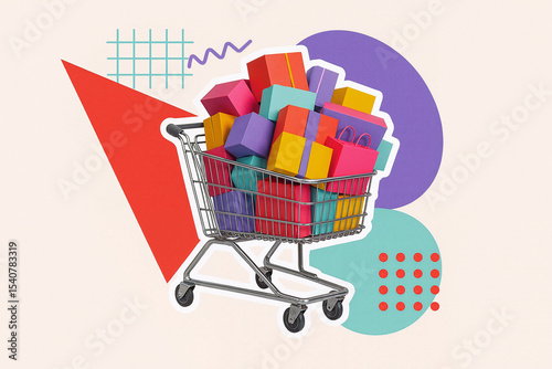 shopping cart filled with colorful gift boxes on a minimalist background showcasing vibrant geometric shapes and seasonal celebration themes photo