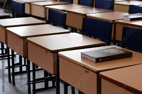 Empty desks with closed textbooks waiting for students
