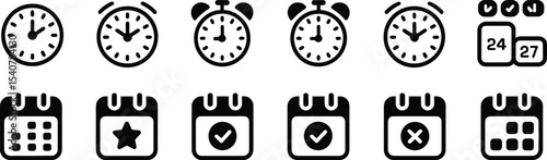 Monochrome Clock and Calendar Icon Set – Vector Illustrations of Alarm Clocks, Timers, Calendars, and Time Management Symbols for Productivity and Planning