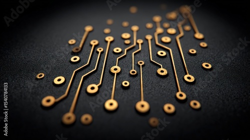 Gold circuit pattern on matte black surface, macro detail showing engraved electronic lines and round connectors, modern technology, abstract, elegant, futuristic, innovation