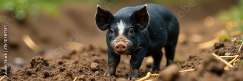 Black pied pig wallows in mud, straw strewn around , rural, pied, barnyard