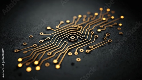 Gold circuit pattern macro detail engraved on matte black surface futuristic technology abstract design modern elegant high tech creative innovation