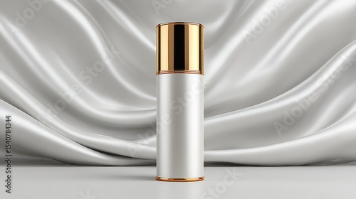 Matte white cylinder with thin golden rim, elegant cosmetic bottle, standing on smooth white silk fabric, luxury skincare packaging, minimalistic and sophisticated design