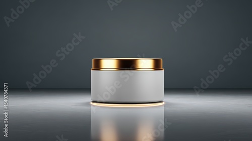Matte white cylinder container with thin golden rim minimalistic style elegant cosmetic jar on reflective surface luxury packaging modern clean sophisticated beauty product