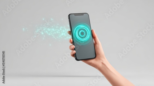 Hand holding smartphone with glowing digital contactless payment symbol, modern technology concept, isolated on gray background, futuristic and innovative mood