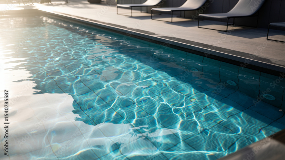 Obraz premium Relaxing by the sparkling pool with sun lounges in a tranquil setting during a bright afternoon