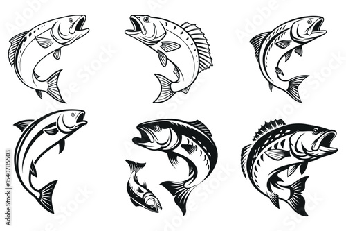 Set of Black and White Fish Silhouettes