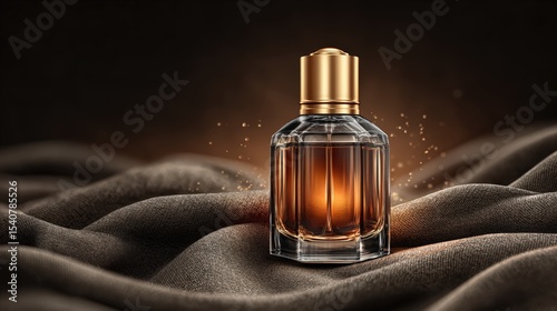 Elegant perfume bottle with gold cap sits on luxurious brown silk fabric, glowing warmly and creating sense of sophistication and allure, perfect for beauty and fashion concepts