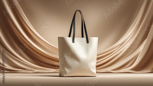 Elegant cream tote bag with black handles displayed on luxurious beige silk fabric, creating sophisticated and stylish atmosphere perfect for fashion or shopping concepts