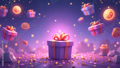 Whimsical Purple Gift Boxes and Golden Coins Floating in a Dreamy Landscape