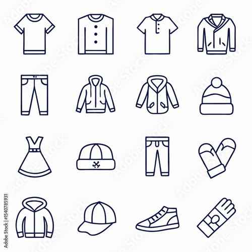 A sleek collection of apparel icons including shirts, pants, shoes, and accessories designed for digital stores and fashion interfaces.