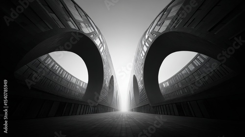 Curved modern architecture with sharp silhouette, symmetrical design, and dramatic lighting creates futuristic and mysterious atmosphere in urban setting