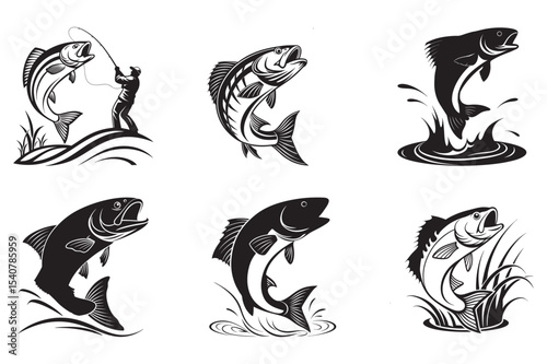 Set of Black and White Fish Silhouettes