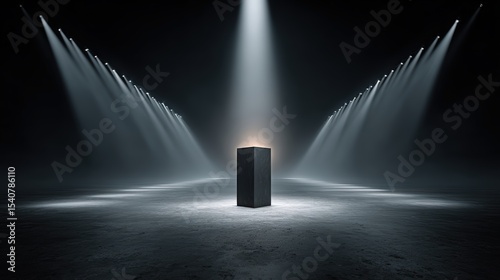 Single matte black pedestal with beveled edges illuminated by dramatic spotlights in dark empty room, creating mysterious and powerful atmosphere