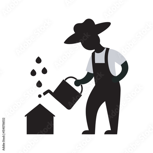 Giant Gardener Watering Houses Silhouette Vector