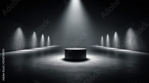 Matte black product pedestal under dramatic spotlight in dark empty room, modern minimal style, mysterious and moody atmosphere, perfect for product display or advertising