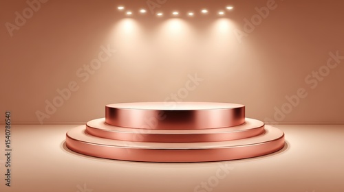 Round rose gold pedestal with thin lines floating under soft light, creating elegant and modern display for product presentation or award ceremony