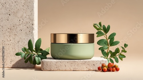 Green ceramic jar with gold rim, surrounded by natural stone, green leaves, and red berries, minimalistic and elegant skincare product display, warm neutral background
