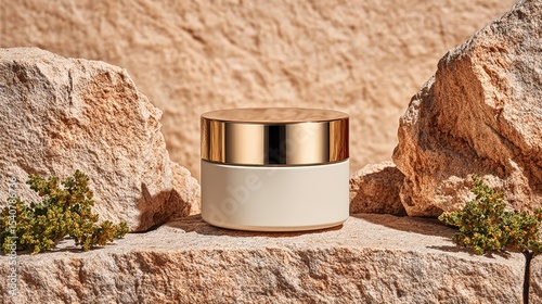 White ceramic jar with gold rim lid displayed on natural stone background, surrounded by small green plants, evokes luxury and elegance in desert inspired setting