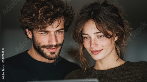 Young couple reviewing digital financial goals together, smiling and focused, indoors with natural light, casual clothing, positive and hopeful expression