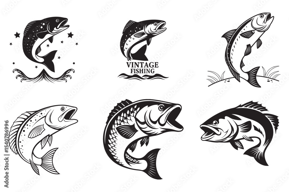 Fototapeta premium Set of Black and White Fish Silhouettes