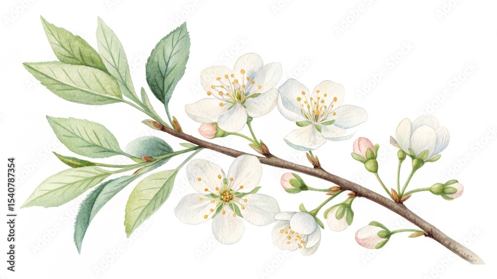 Fototapeta premium Watercolor Blossom Branch Spring Flowers and Buds Illustration, floral , botanical