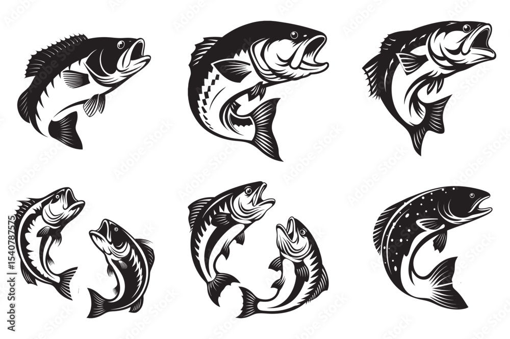 Fototapeta premium Set of Black and White Fish Silhouettes