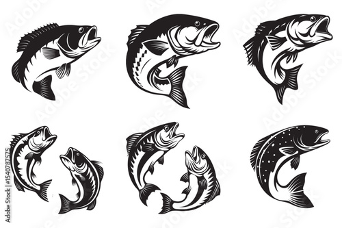 Set of Black and White Fish Silhouettes