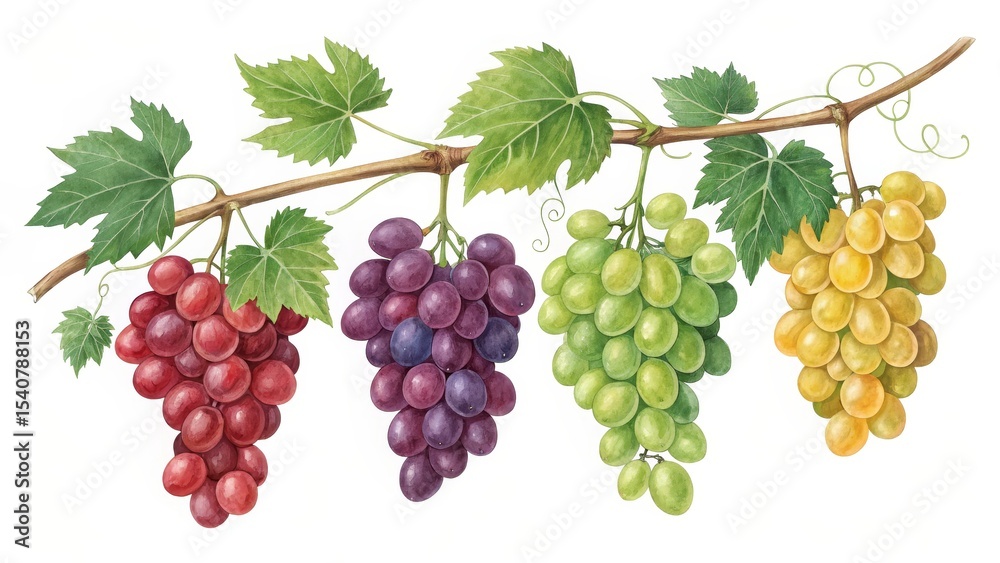 Fototapeta premium Watercolor Grapes on Vine Red, Purple, Green, Yellow, Fruits, Watercolor , Food Art