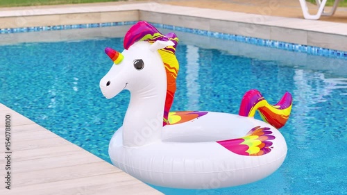 A whimsical inflatable unicorn float rests in a sun-drenched swimming pool, evoking a sense of playful summer joy and relaxation.