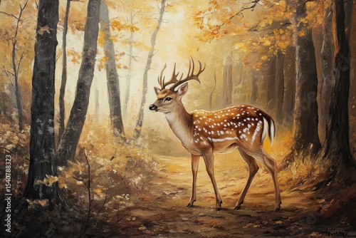 Fallow deer standing gracefully in a forest during the autumn rutting season, Fallow deer in the forest during the rut