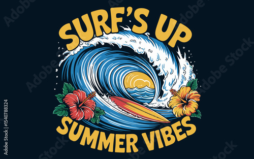 A retro-style surfing logo design with a dark teal background. The center features a large blue and white breaking wave with white foam and spray. Inside the wave's hollow is a golden sunset. A red an