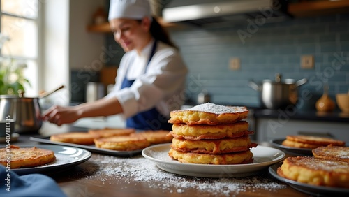 Chef Preparing Hanukkah Feast with Latkes and Sufganiyot