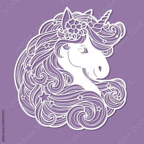 Unicorn head with a long mane. Template for laser cutting from paper, wood, cardboard, metal, etc. Decor for a girl's room. For the design of postcards, stencils, interior decor, Christmas tree toys, 