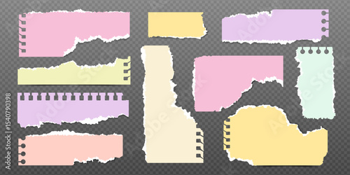 Set of colorful torn notebook paper pieces. Ripped paper strips. Realistic notepad sheets, scraps of notebook page, with torn edges. Vector illustration.