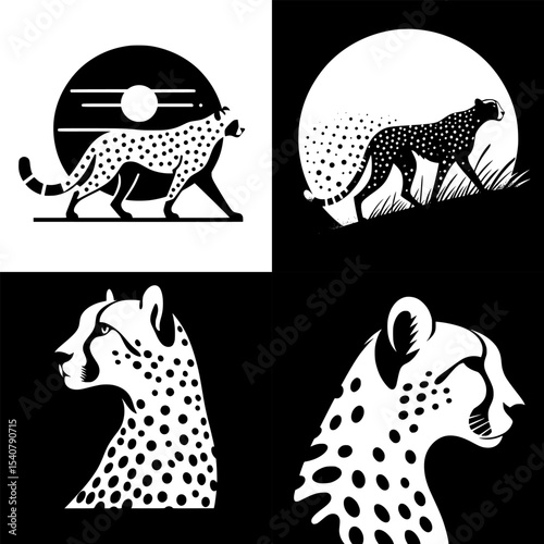 set of stylized black and white vector of a cheetah in minimalist line art form.