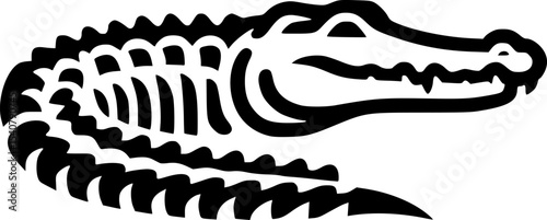 Clean black and white minimalist vector of a crocodile in line art style.