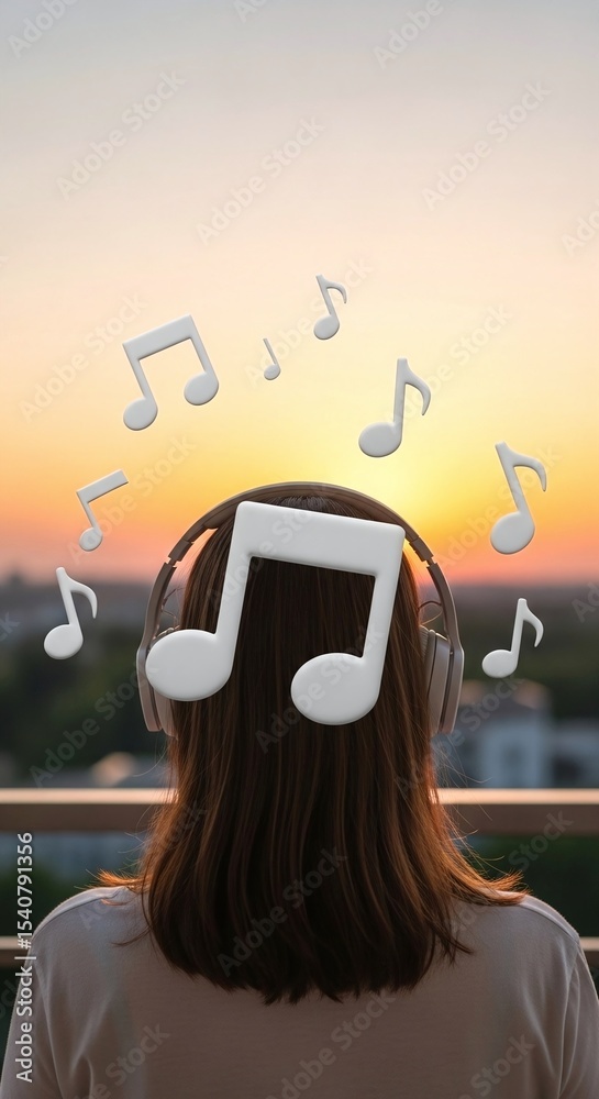 Naklejka premium Relaxed woman with headphones listening music at sunset with 3d music note overlays