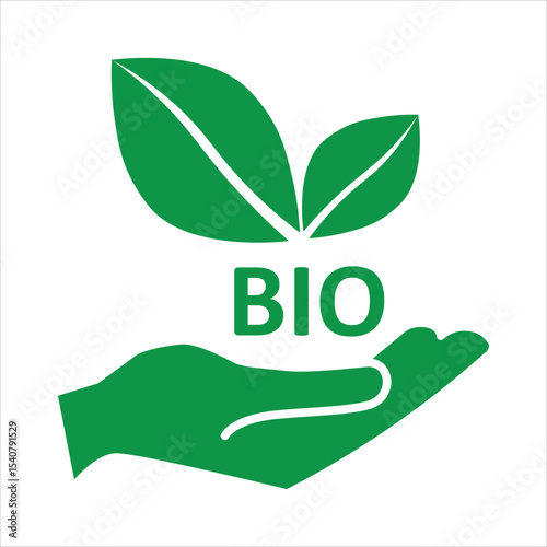 Green leaves in hand, bio icon symbol. Hand with eco green leaf icon Bio nature symbol for web, print. Green energy concept. Element of nature protection icon. Care eco bio. Environmental concept.