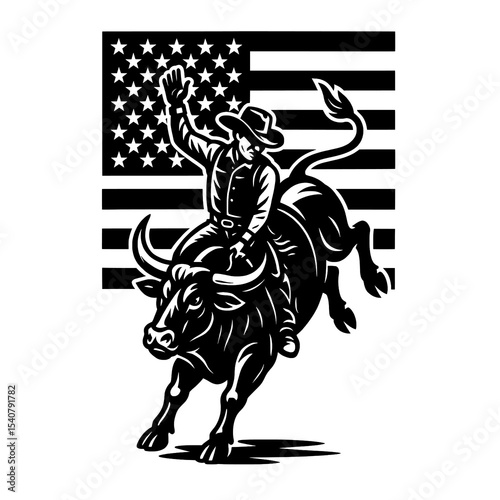 Bull Rider with American Flag Vector Illustration