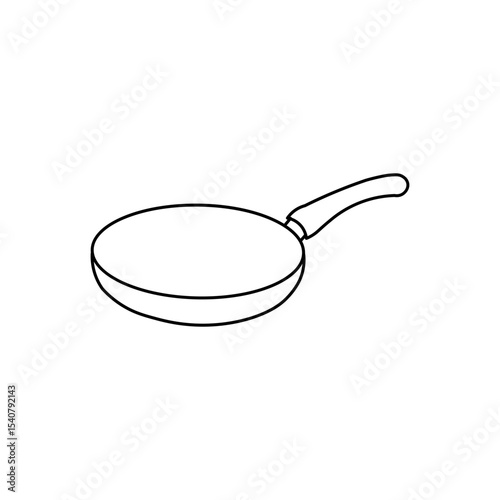 A simple line drawing of a frying pan with a curved handle isolated on a white background surface view