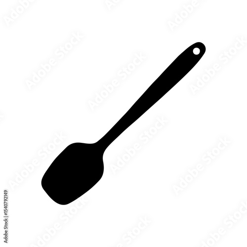 Illustration of a black silicone spatula with a long handle and a hole at the end for hanging up