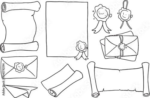 Hand-drawn elements related to communication and official documents. Features scrolls, envelopes, wax seals, and ribbons, perfect for vintage, antique, or whimsical designs, ideal for invitations.
