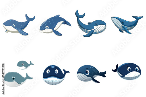 Cute Cartoon Whales in Various Sizes and Shades