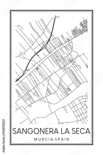 Hand drawn printable downtown road map poster of district SANGONERA LA SECA of the Spanish city of MURCIA on solid white background with city name
