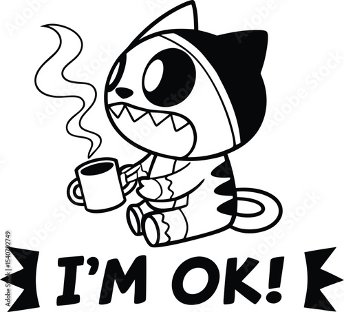 Grumpy Cat-like Character with Coffee Mug and "I'm OK!" Text - Humor Illustration