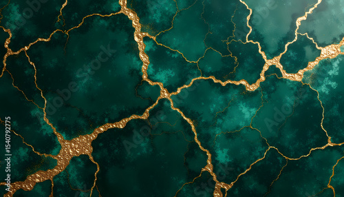 Emerald Green and Gold Kintsugi Inspired Abstract Background with Luxurious Veins