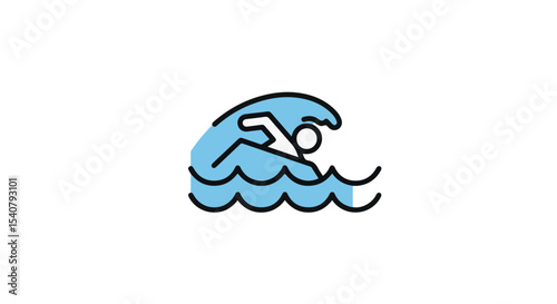 An abstract illustration of person swimming in water with stylized waves. 