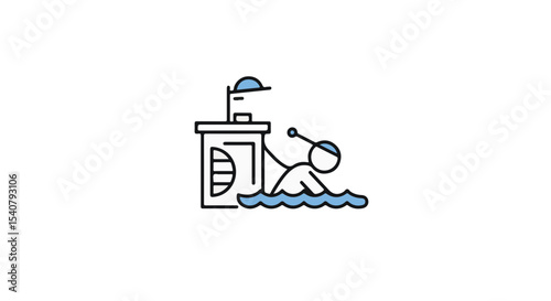 A simple line drawing of a person swimming in a pool, near a lifeguard station.