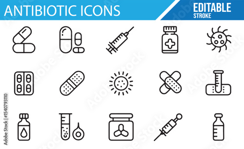 High-quality medical icons depicting antibiotics, pills, and syringes

